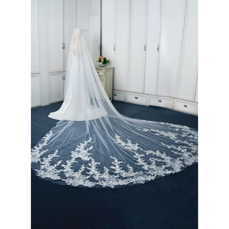 Two-tier Lace Applique Edge Cathedral Bridal Veils With Lace