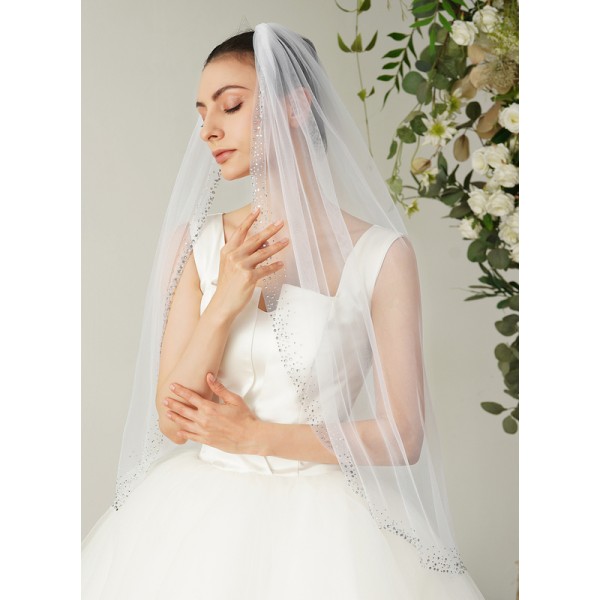 One-tier Sequin Trim Edge Fingertip Bridal Veils With Rhinestones