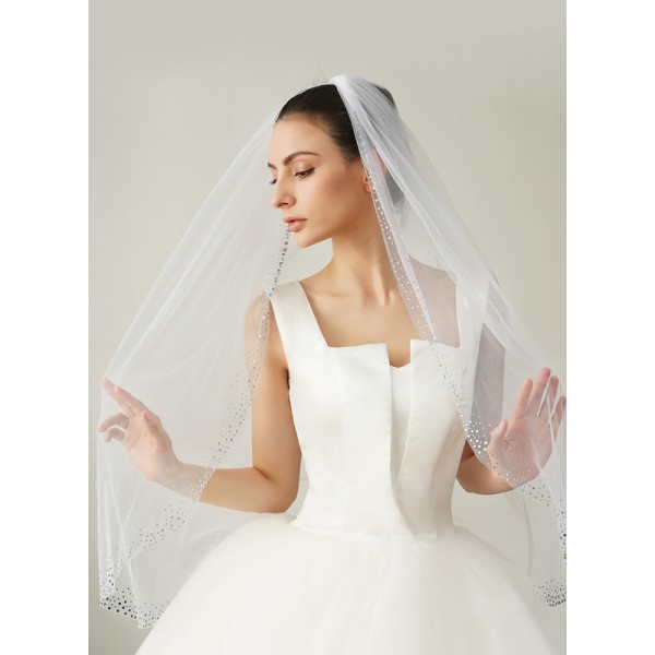 One-tier Sequin Trim Edge Fingertip Bridal Veils With Rhinestones