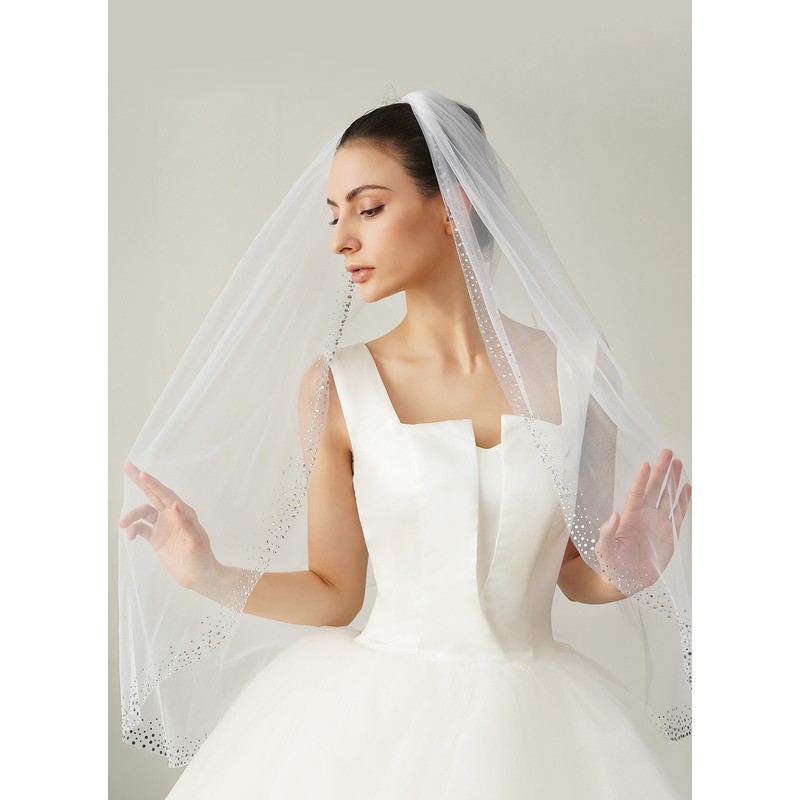 One-tier Sequin Trim Edge Fingertip Bridal Veils With Rhinestones