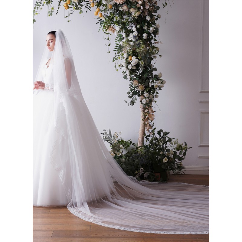 Two-tier Lace Applique Edge Cathedral Bridal Veils With Lace