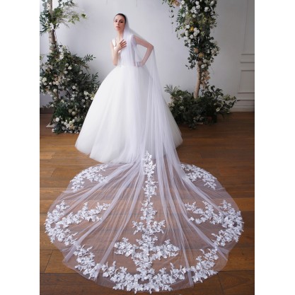 One-tier Cut Edge Cathedral Bridal Veils With Lace