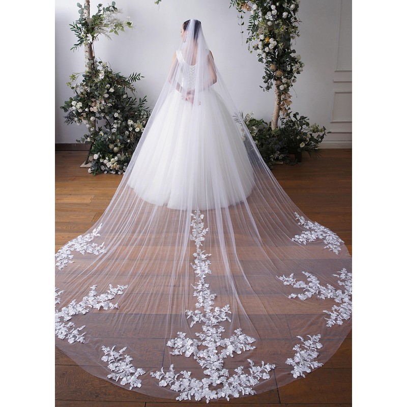 One-tier Cut Edge Cathedral Bridal Veils With Lace