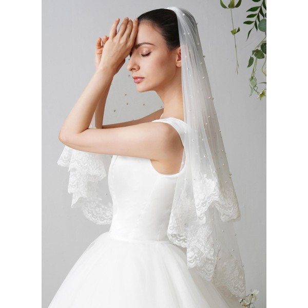 Two-tier Lace Applique Edge Fingertip Bridal Veils With Faux Pearl/Lace