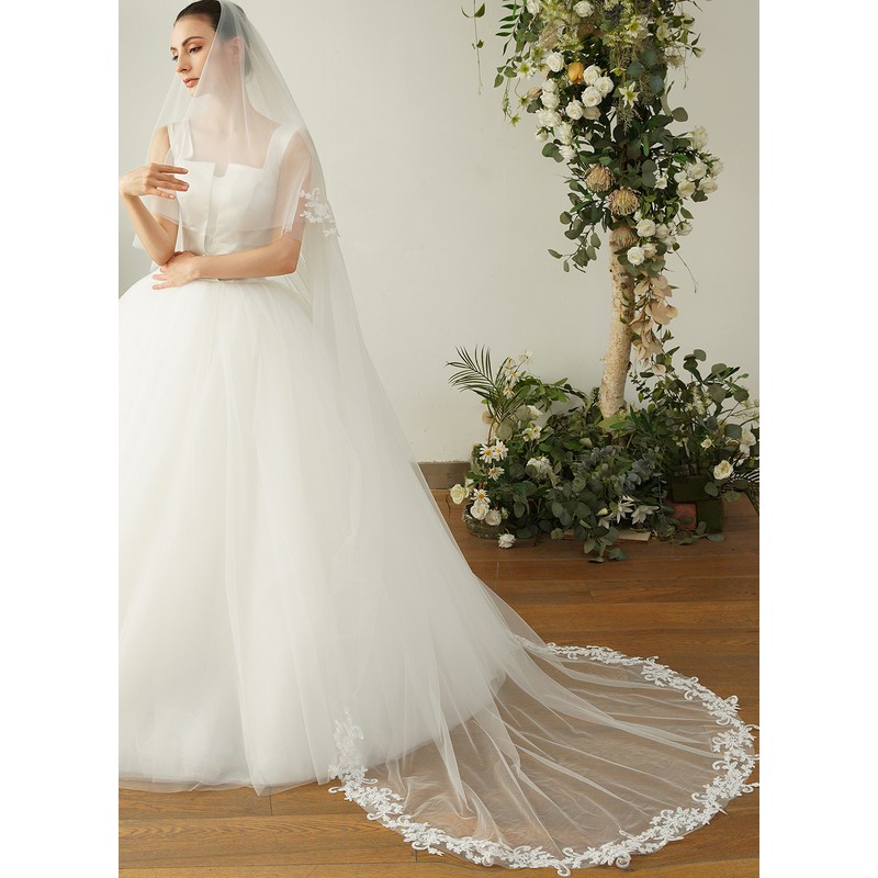 Two-tier Lace Applique Edge Chapel Bridal Veils With Lace