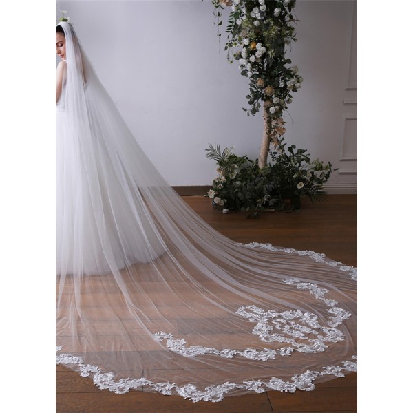 One-tier Lace Applique Edge Cathedral Bridal Veils With Lace