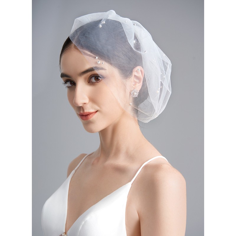 One-tier Cut Edge Birdcage Veils With Faux Pearl