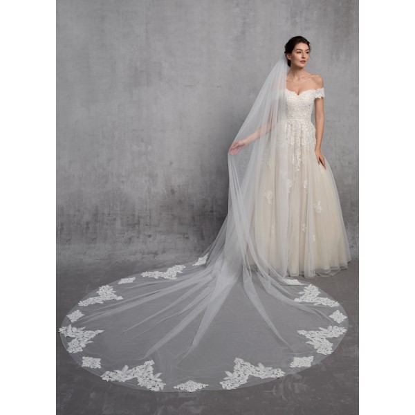 One-tier Lace Applique Edge Cathedral Bridal Veils With Lace