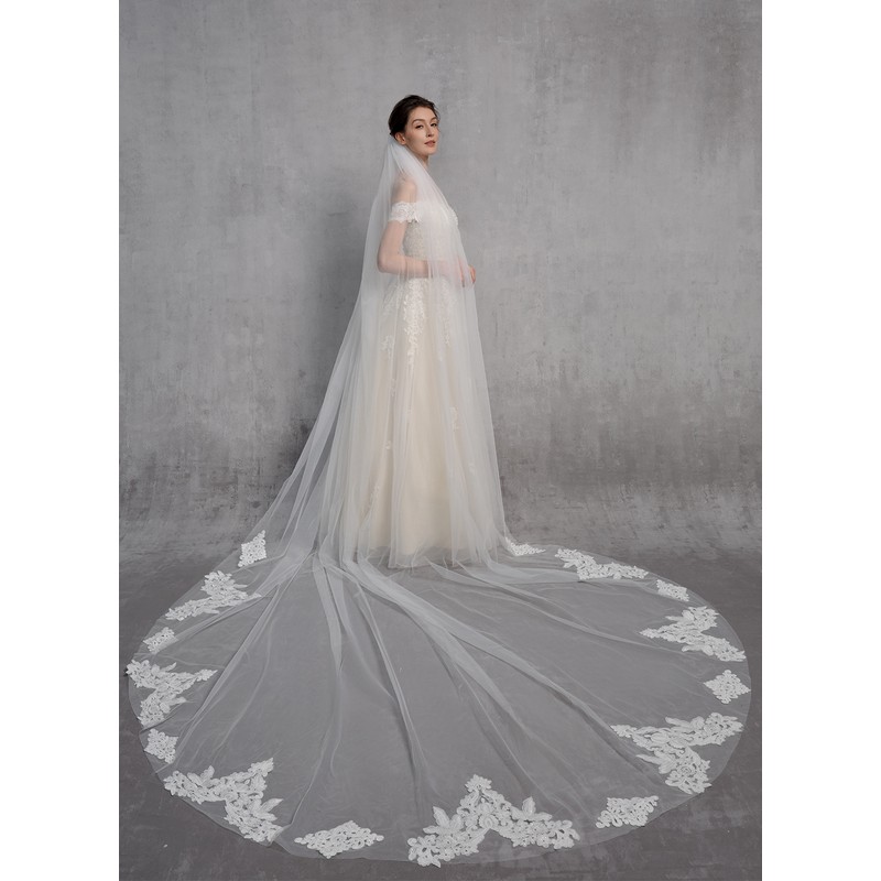 One-tier Lace Applique Edge Cathedral Bridal Veils With Lace