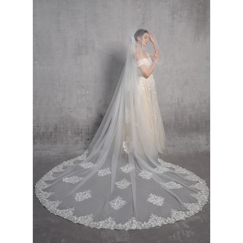 Two-tier Lace Applique Edge Cathedral Bridal Veils With Lace