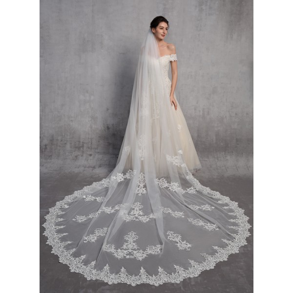 One-tier Lace Applique Edge Cathedral Bridal Veils With Lace