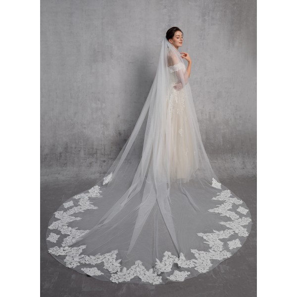 One-tier Lace Applique Edge Cathedral Bridal Veils With Lace