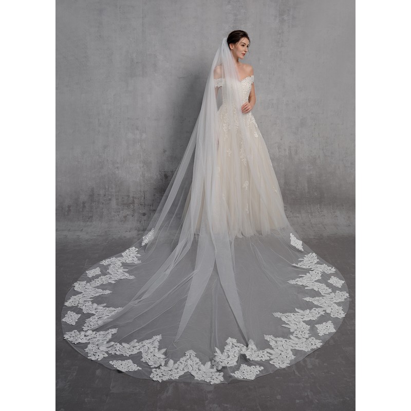 One-tier Lace Applique Edge Cathedral Bridal Veils With Lace