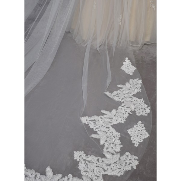 One-tier Lace Applique Edge Cathedral Bridal Veils With Lace