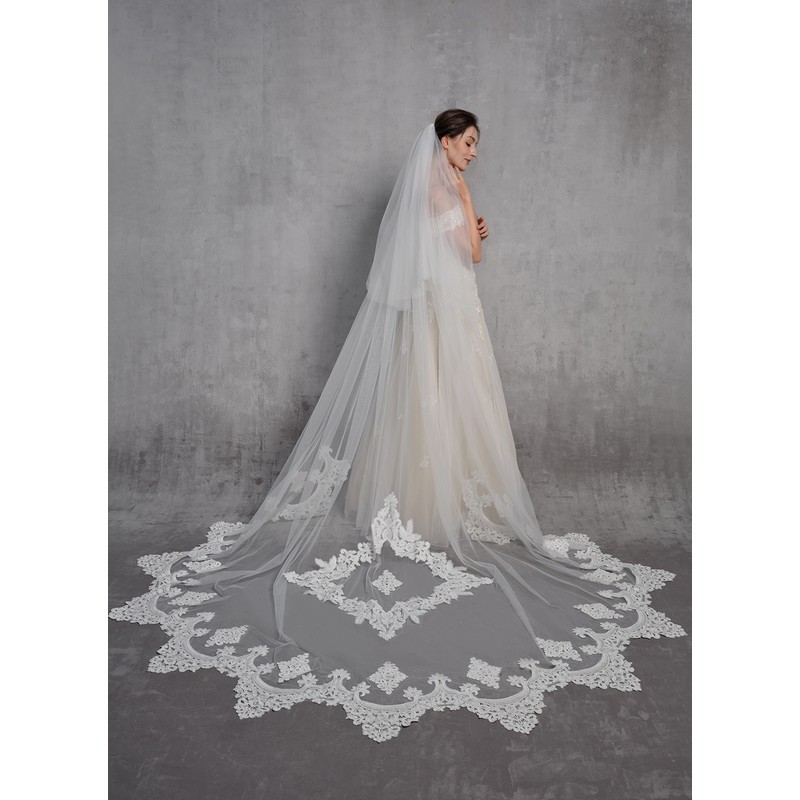 Two-tier Lace Applique Edge Cathedral Bridal Veils With Lace