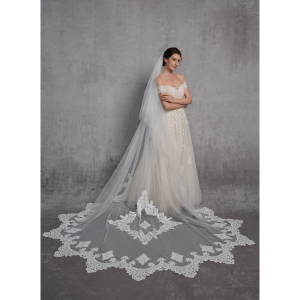 Two-tier Lace Applique Edge Cathedral Bridal Veils With Lace