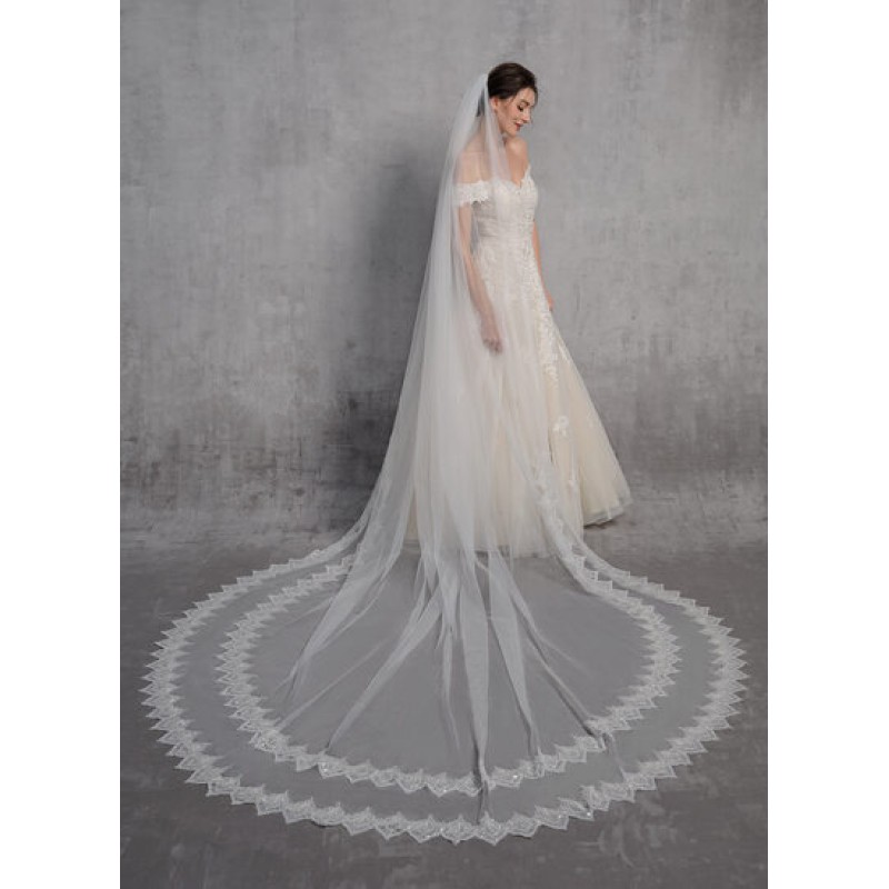 One-tier Lace Applique Edge Cathedral Bridal Veils With Lace