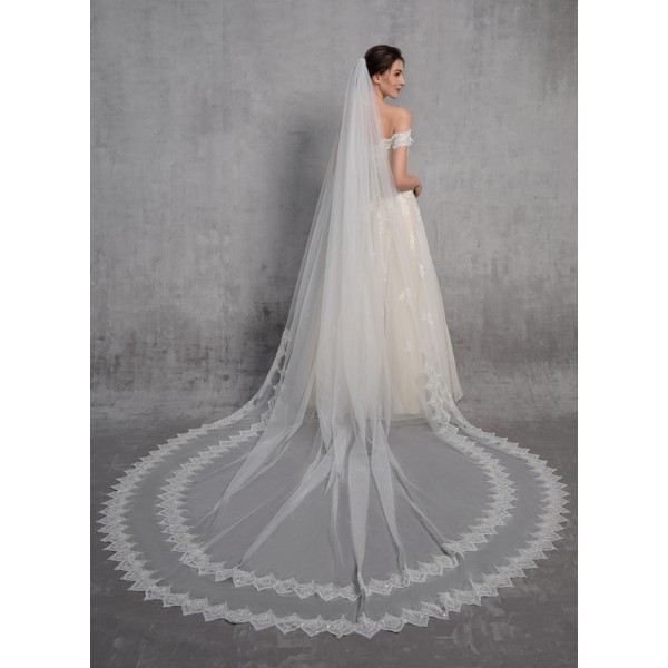 One-tier Lace Applique Edge Cathedral Bridal Veils With Lace