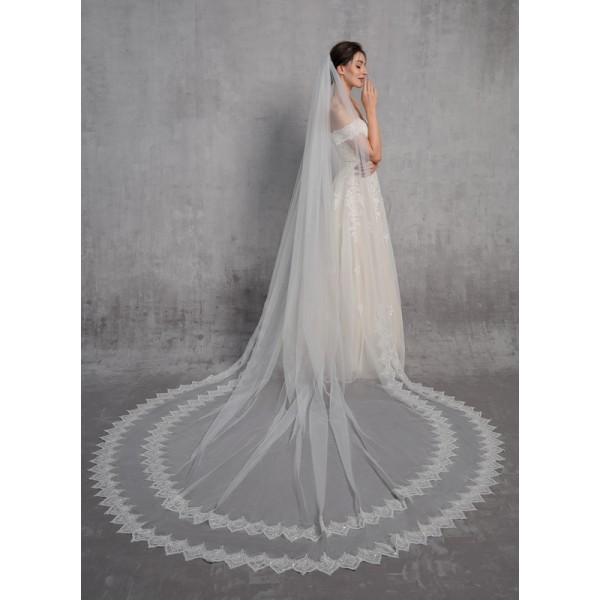 One-tier Lace Applique Edge Cathedral Bridal Veils With Lace