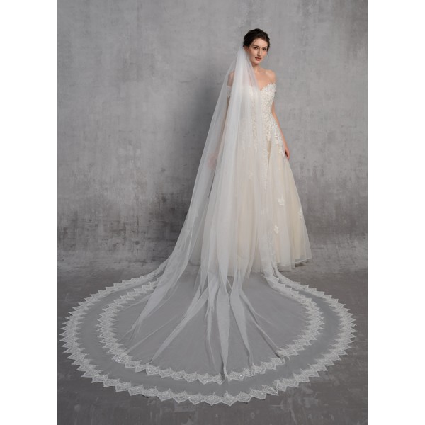 One-tier Lace Applique Edge Cathedral Bridal Veils With Lace