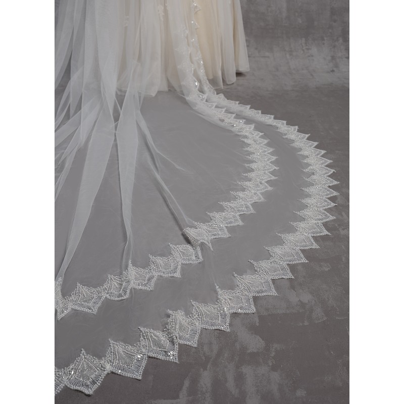 One-tier Lace Applique Edge Cathedral Bridal Veils With Lace