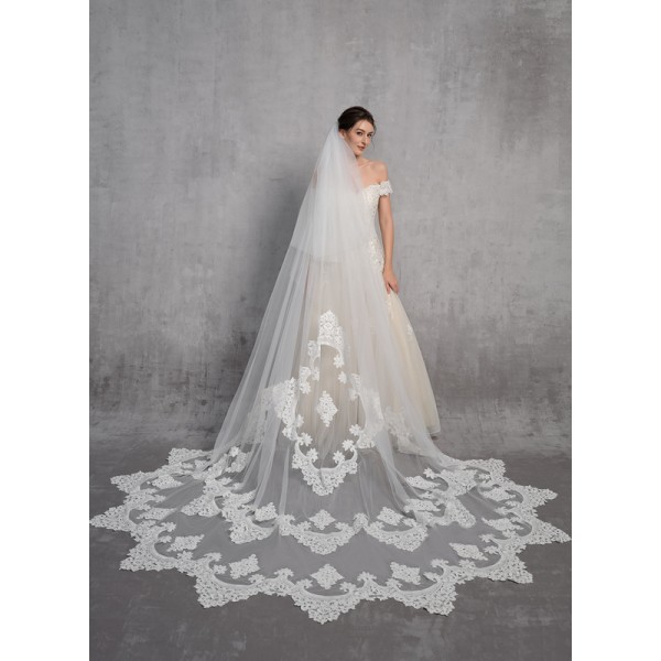 Two-tier Lace Applique Edge Cathedral Bridal Veils With Lace