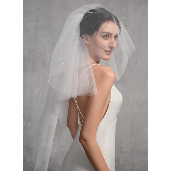 Four-tier Cut Edge Elbow Bridal Veils With Lace