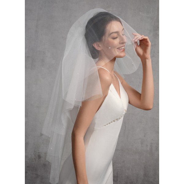 Four-tier Cut Edge Elbow Bridal Veils With Lace