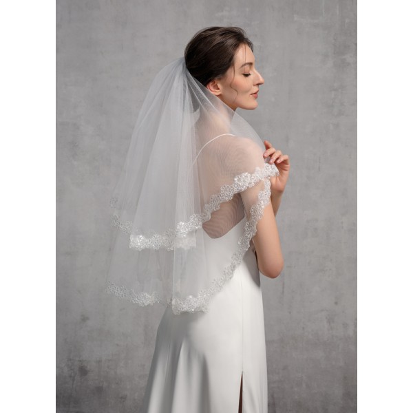 Two-tier Lace Applique Edge Elbow Bridal Veils With Lace