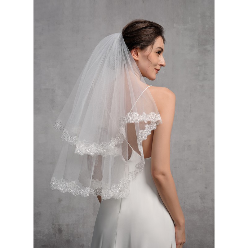 Two-tier Lace Applique Edge Elbow Bridal Veils With Lace