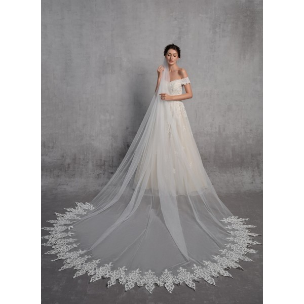 One-tier Lace Applique Edge Elbow Bridal Veils With Lace