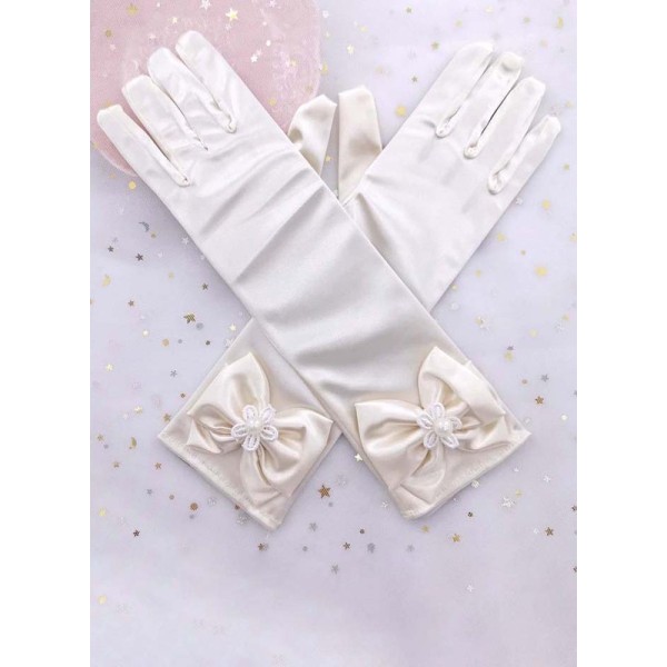 Flower Girl Elastic Satin Elbow Length Glove With Faux Pearl