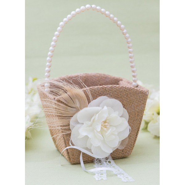 Flower Girl Linen/Plastic Flower Basket With Applique/Beading