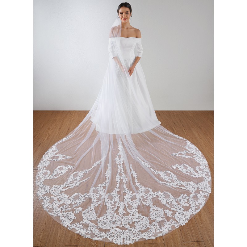 One-tier Lace Applique Edge Cathedral Bridal Veils With Sequin/Lace