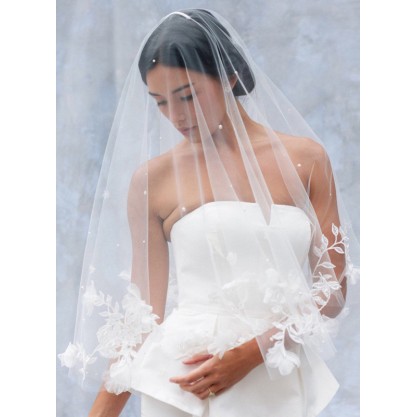 Two-tier Lace Applique Edge Elbow Bridal Veils With Faux Pearl/Lace