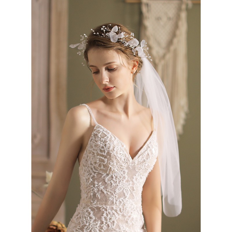 One-tier Cut Edge Elbow Bridal Veils With Lace