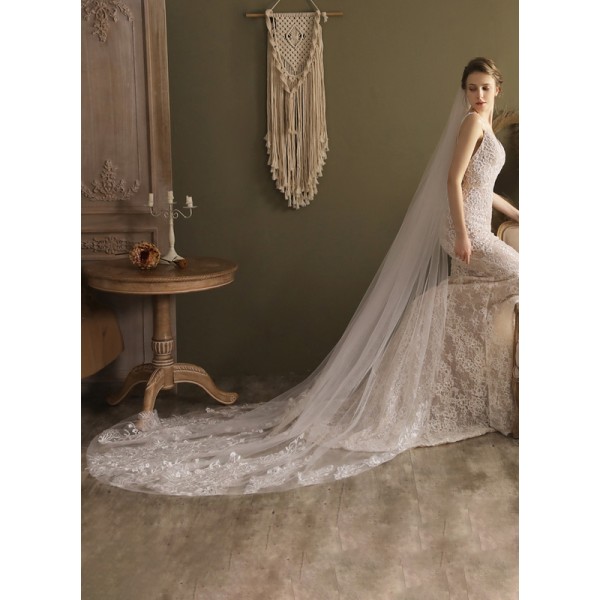 One-tier Cut Edge Cathedral Bridal Veils With Lace