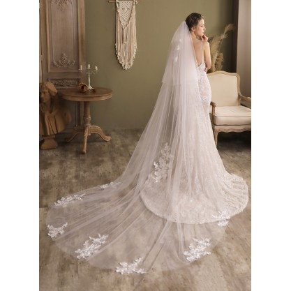 Two-tier Lace Applique Edge Cathedral Bridal Veils With Lace