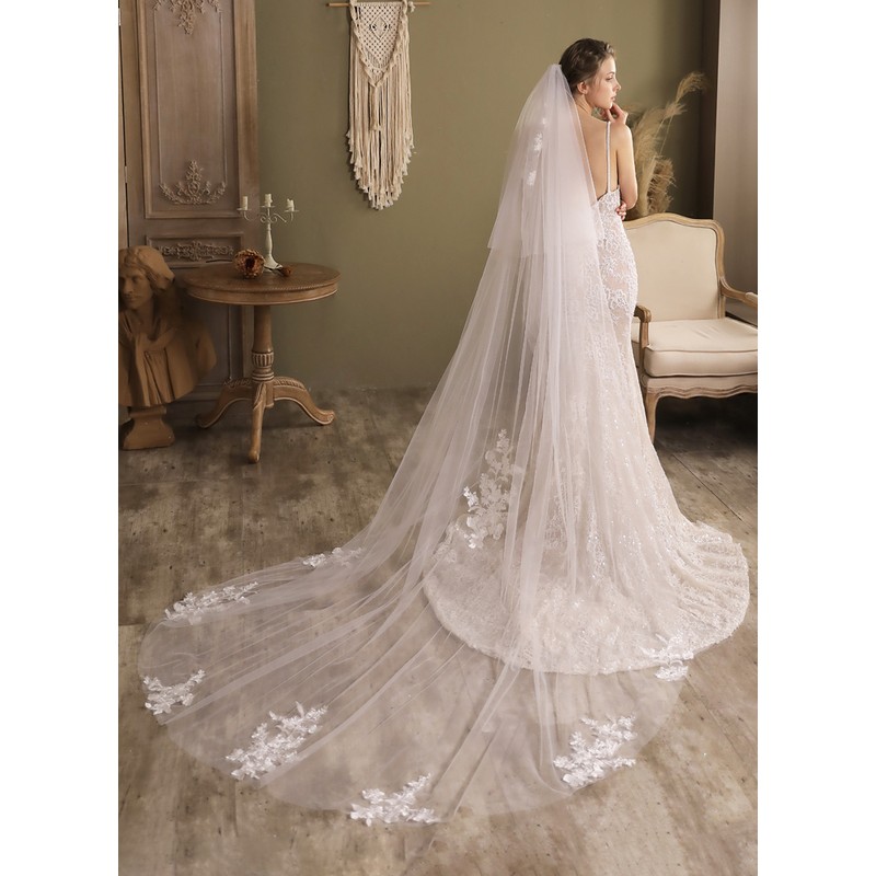 Two-tier Lace Applique Edge Cathedral Bridal Veils With Lace