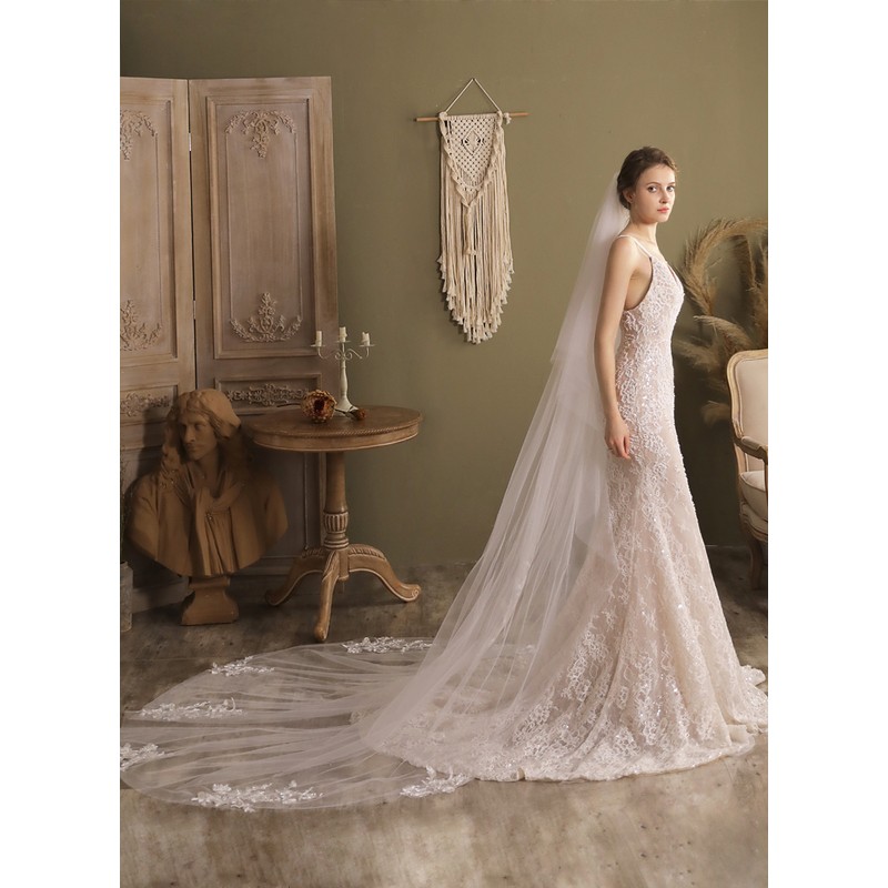 Two-tier Lace Applique Edge Cathedral Bridal Veils With Lace