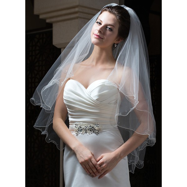 Two-tier Pencil Edge Fingertip Bridal Veils With Rhinestones