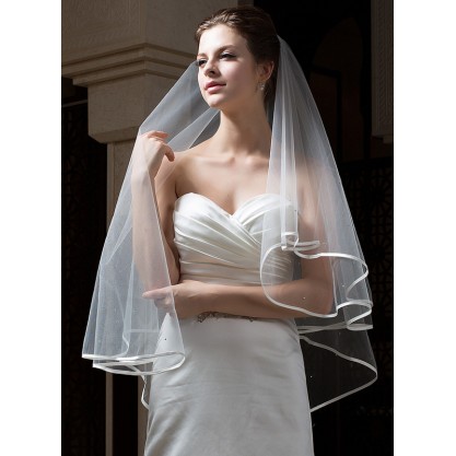 Two-tier Satin Edge Fingertip Bridal Veils With Beading