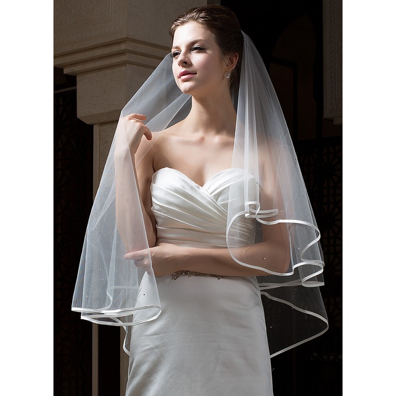 Two-tier Satin Edge Fingertip Bridal Veils With Beading