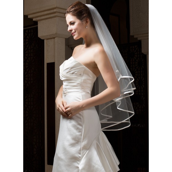 Two-tier Satin Edge Fingertip Bridal Veils With Beading