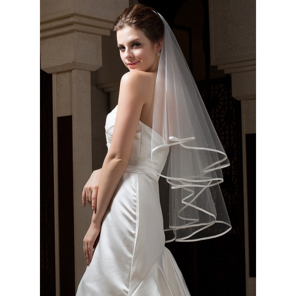 Two-tier Satin Edge Fingertip Bridal Veils With Beading