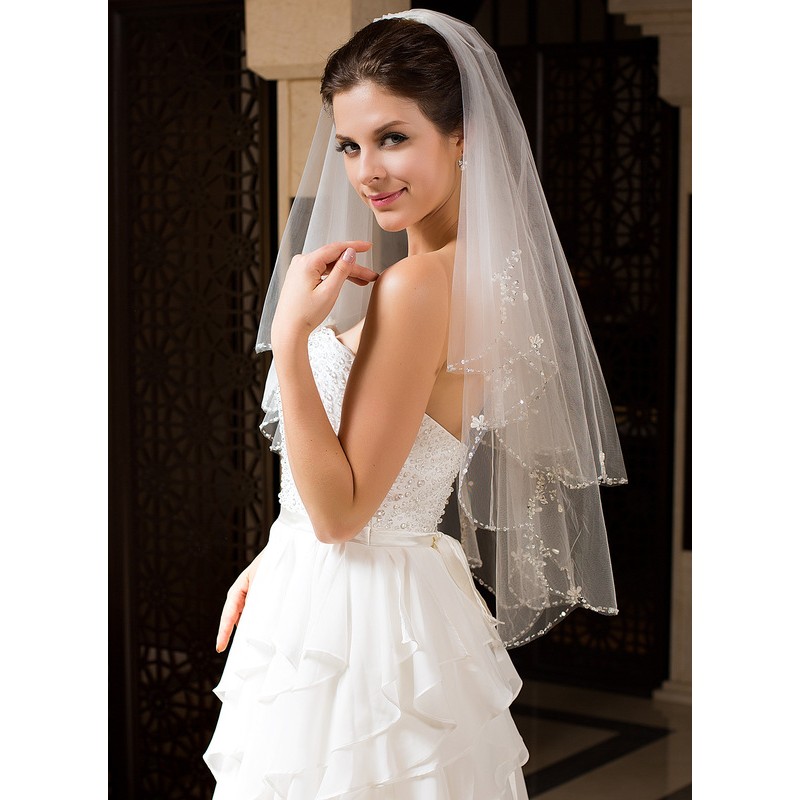 Two-tier Beaded Edge Elbow Bridal Veils With Beading/Sequin