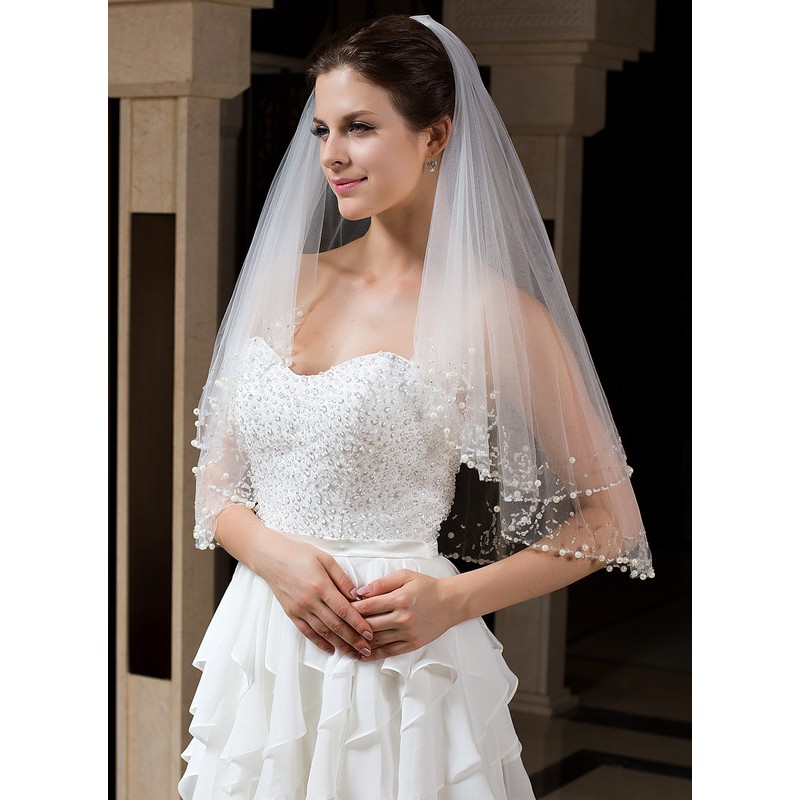 Two-tier Beaded Edge Elbow Bridal Veils With Beading/Sequin