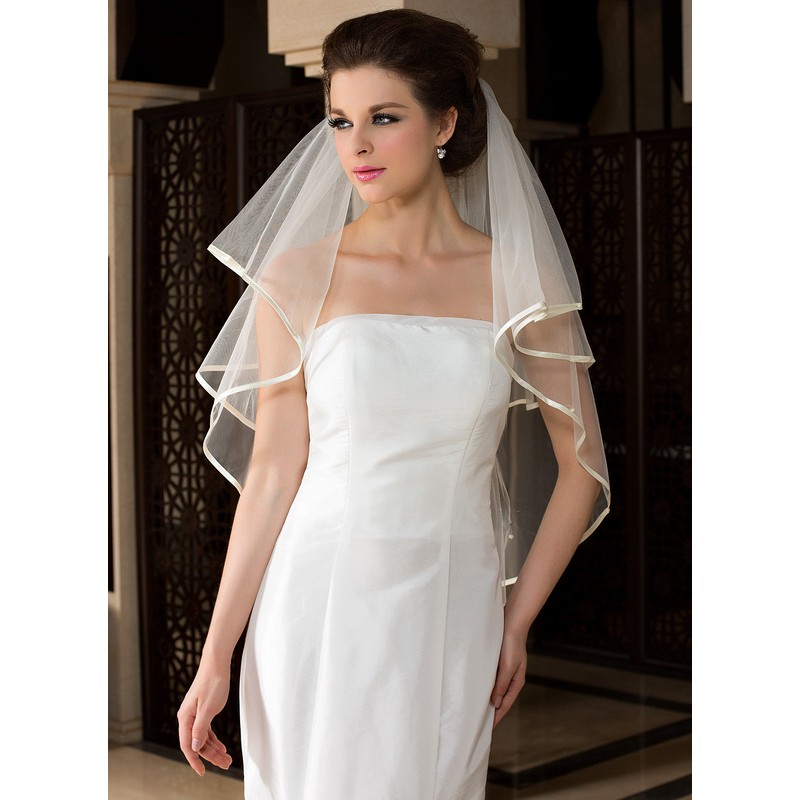 One-tier Satin Edge Waltz Bridal Veils With Ribbon/Faux Pearl