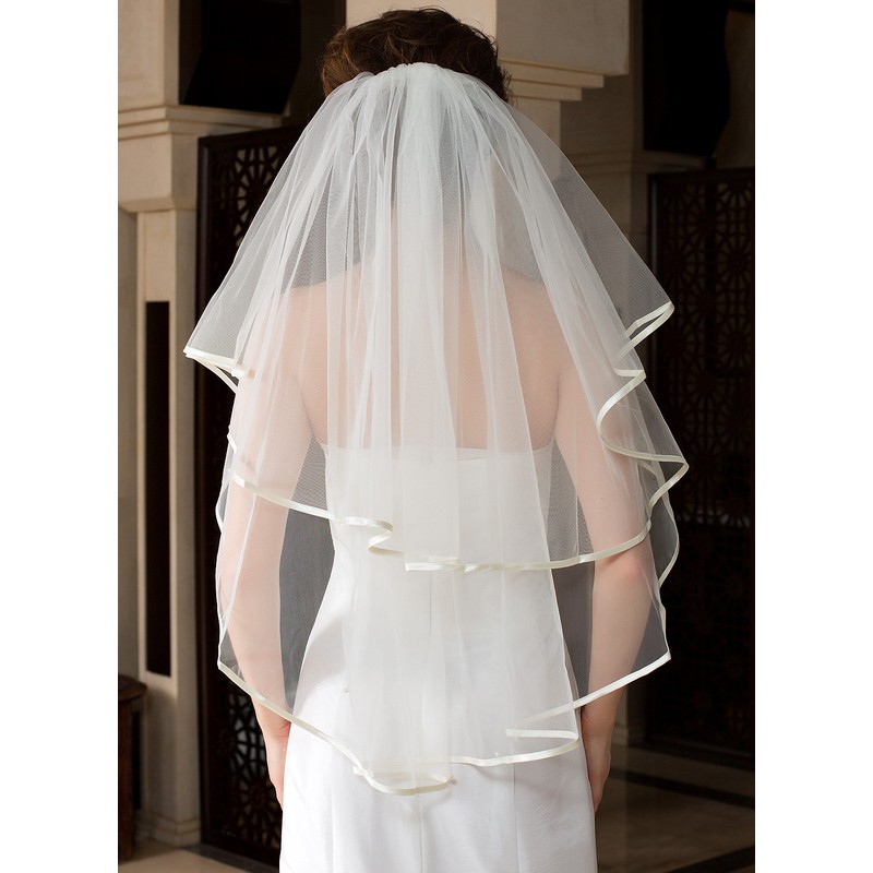 One-tier Satin Edge Waltz Bridal Veils With Ribbon/Faux Pearl