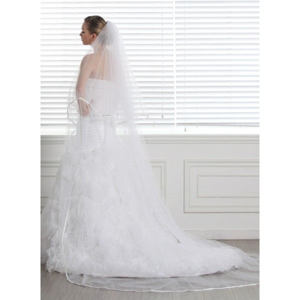 Two-tier Satin Edge Cathedral Bridal Veils With Ribbon